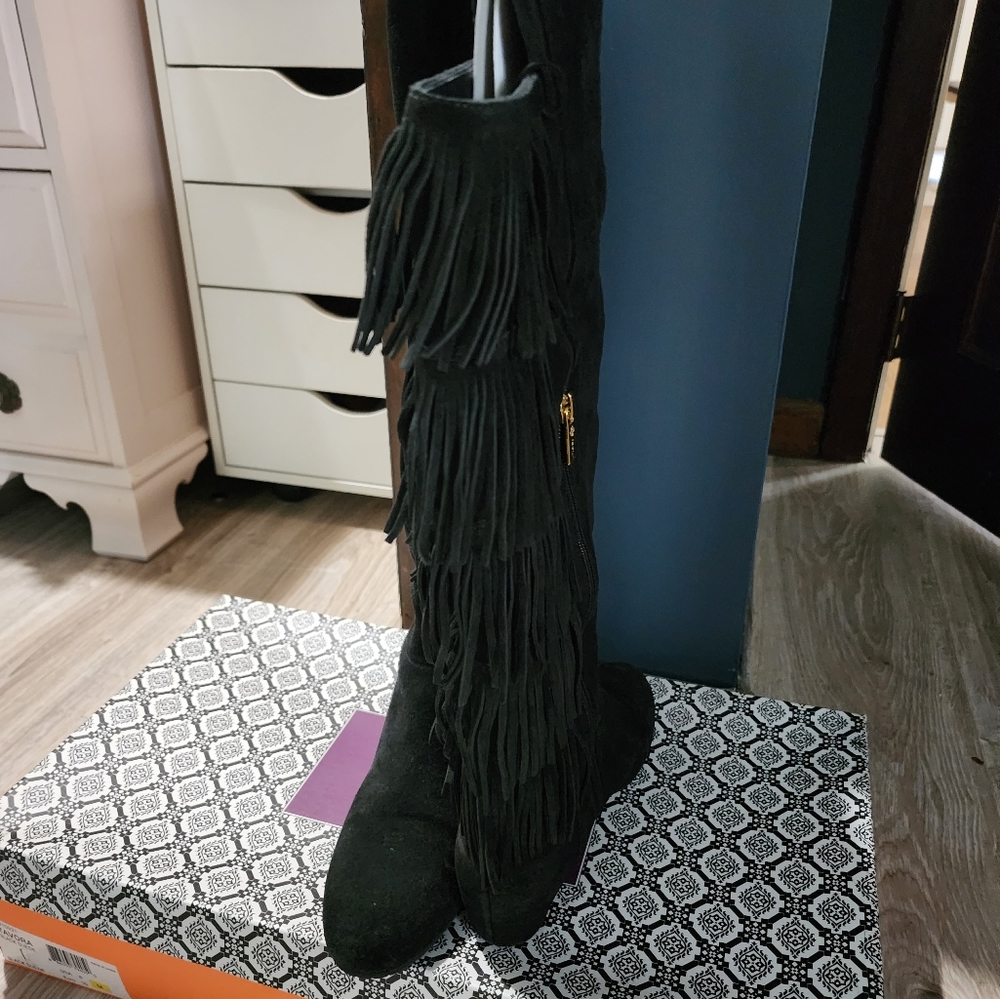 Knee high black suede fringe boots